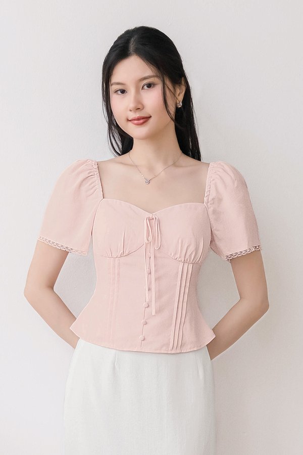 Calista Padded Lace Sleeve Top (Pink)