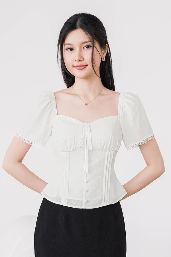 Calista Padded Lace Sleeve Top (White)