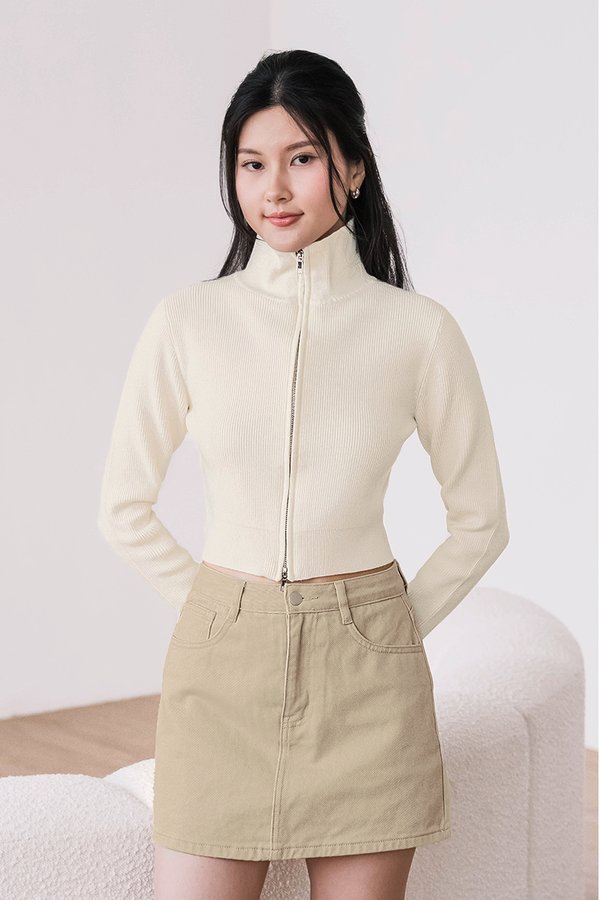 Camille Double Zipper Long Sleeve Knit Top V2 (Cream White)