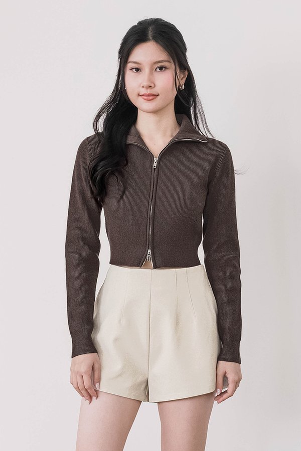 Camille Double Zipper Long Sleeve Knit Top (Dark Brown)