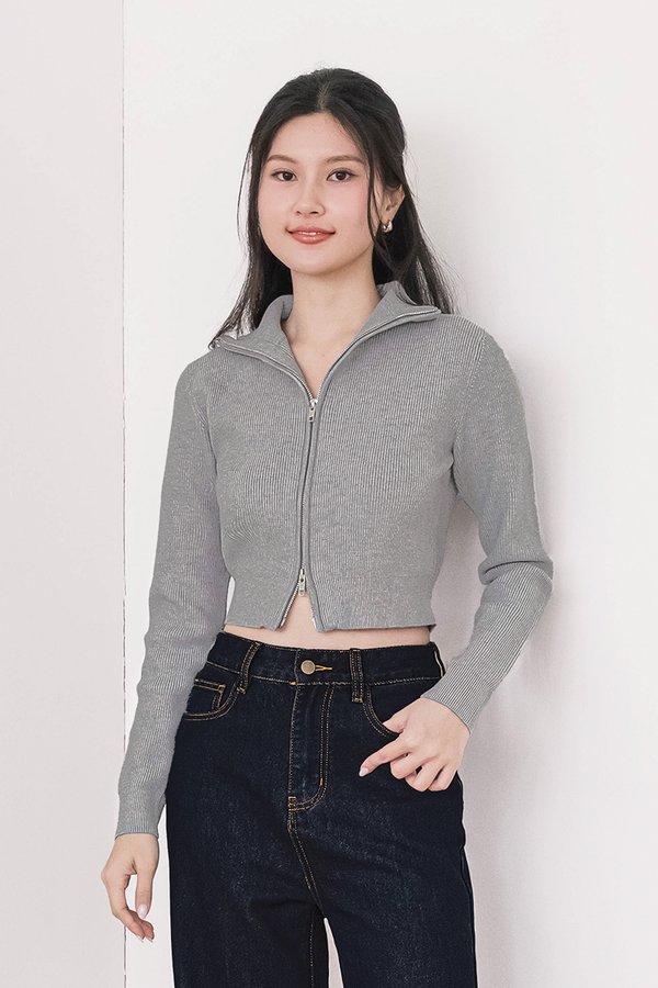Camille Double Zipper Long Sleeve Knit Top (Grey)