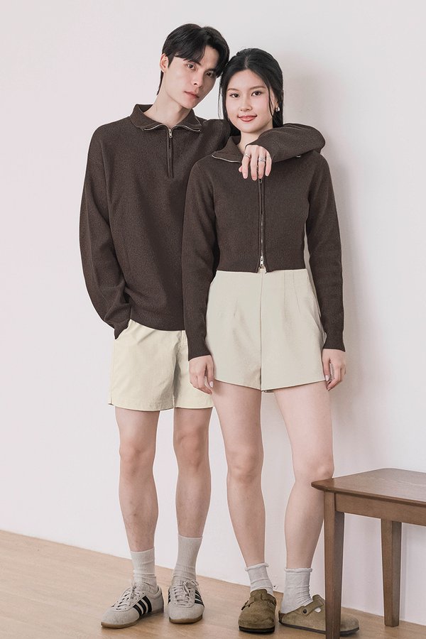Camille Double Zipper Long Sleeve Knit Top (Dark Brown)