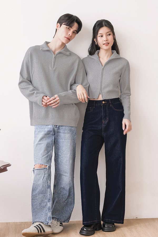 Camille Double Zipper Long Sleeve Knit Top (Grey)