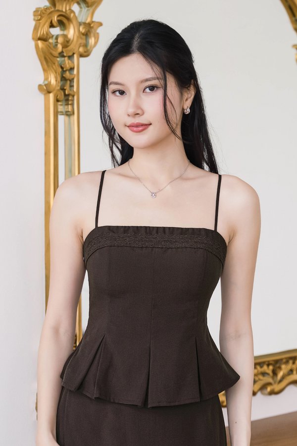 Carmen Padded Lace Trim Peplum Top (Coffee)