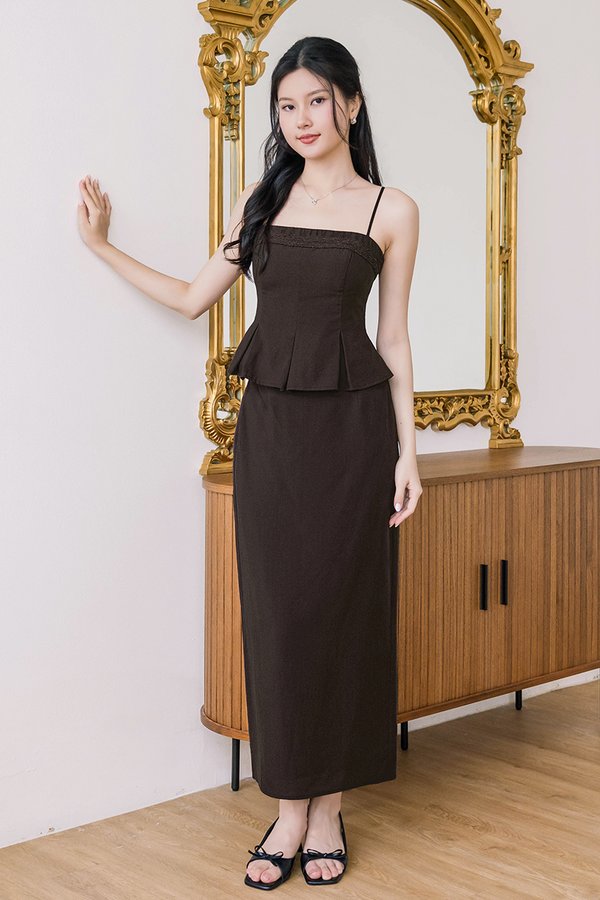 Carmen Padded Lace Trim Peplum Top (Coffee)