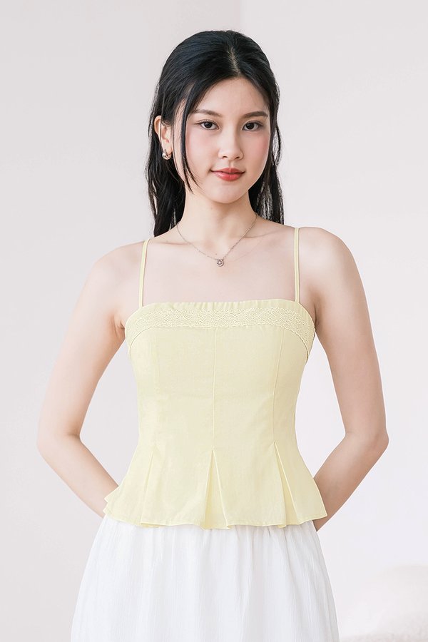 Carmen Padded Lace Trim Peplum Top (Pastel Yellow)