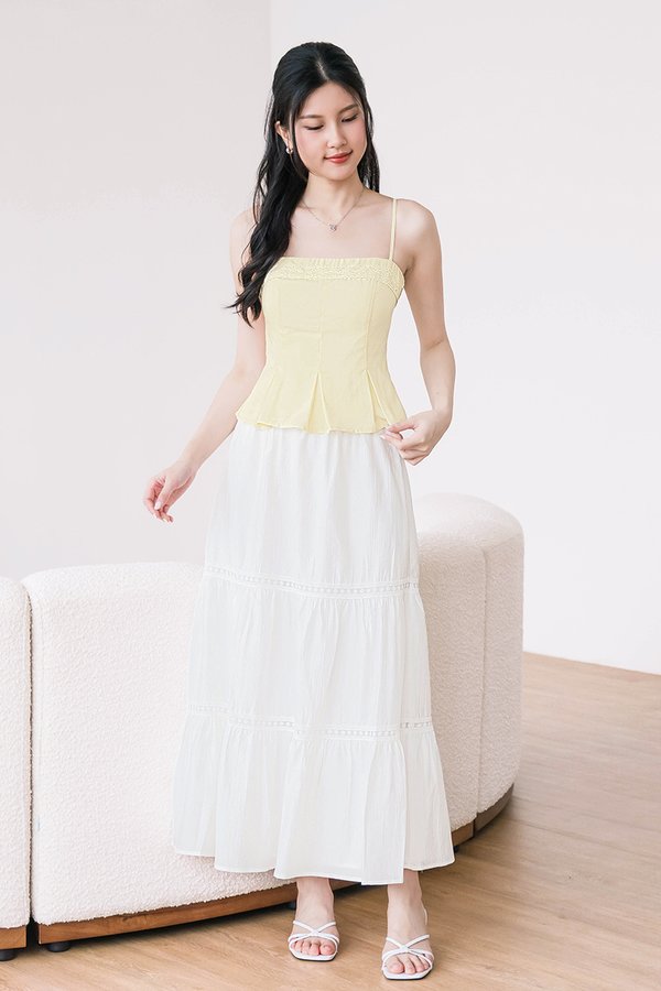 Nyla Lace Trim Tiered Midaxi Skirt (White)