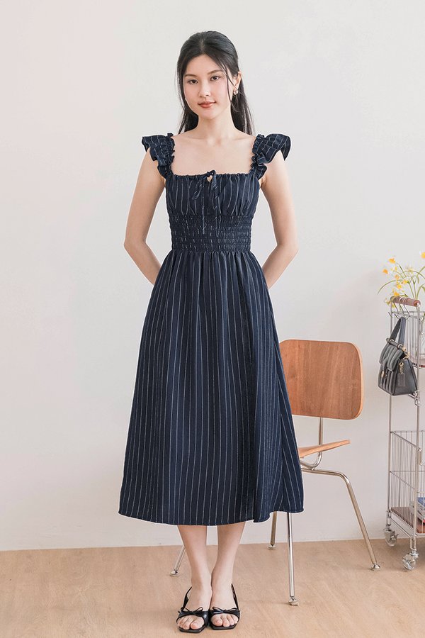 Joey Padded Ruffle Straps Smocked Midi Dress (Navy Pinstripe)