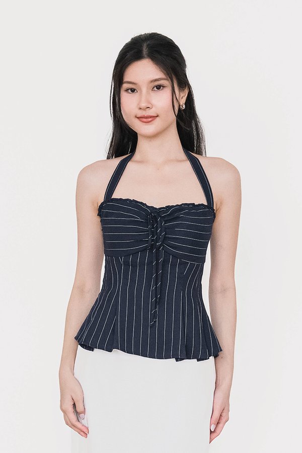 Jolly Padded 2-Way Sweetheart Top (Navy Pinstripe)