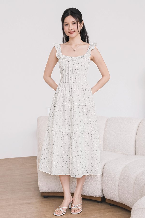 Kaelyn Padded Ruffle Straps Midi Dress (Light Grey Floral)