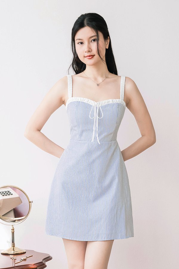 Melody Padded Ruched Strap Tie-Back Dress (Blue Stripes)