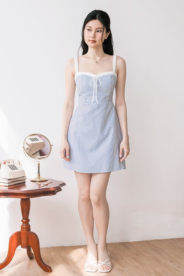 Melody Padded Ruched Strap Tie-Back Dress (Blue Stripes)
