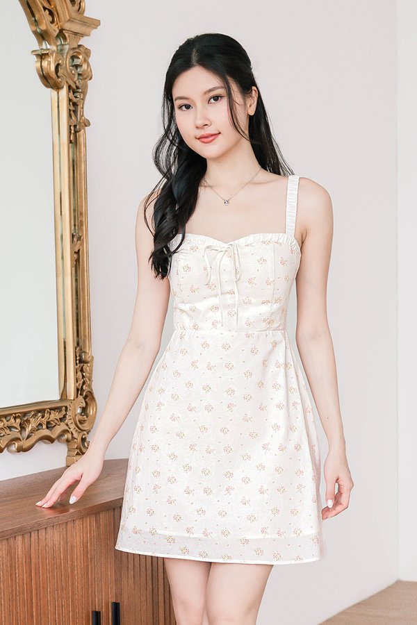 Melody Padded Ruched Strap Tie-Back Dress (Rose Floral)