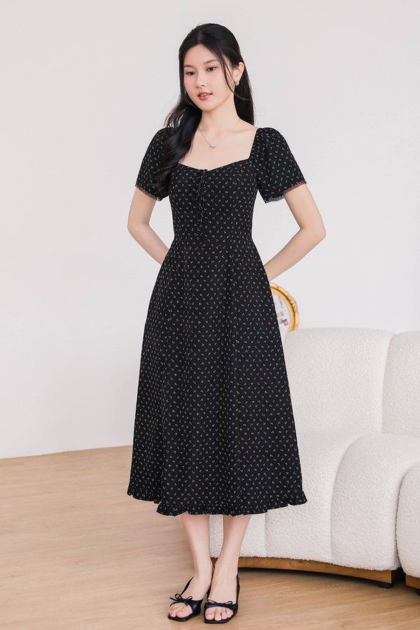 Miranda Padded Lace Sleeve Dress (Black Floral)