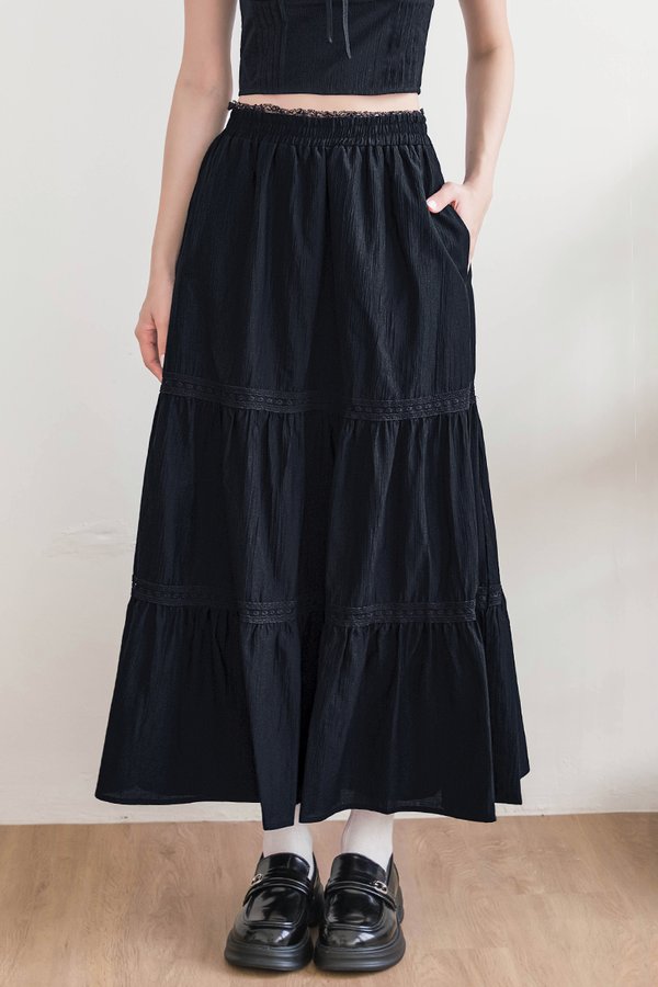 Nyla Lace Trim Tiered Midaxi Skirt (Midnight Black)
