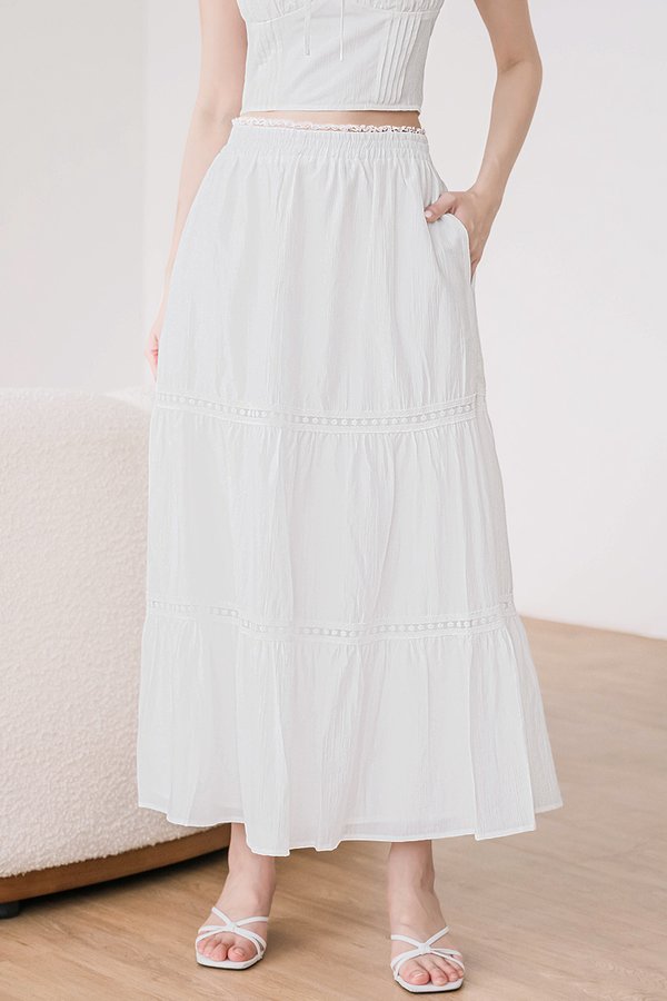 Nyla Lace Trim Tiered Midaxi Skirt (White)