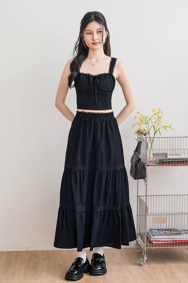 Nyla Lace Trim Tiered Midaxi Skirt (Midnight Black)