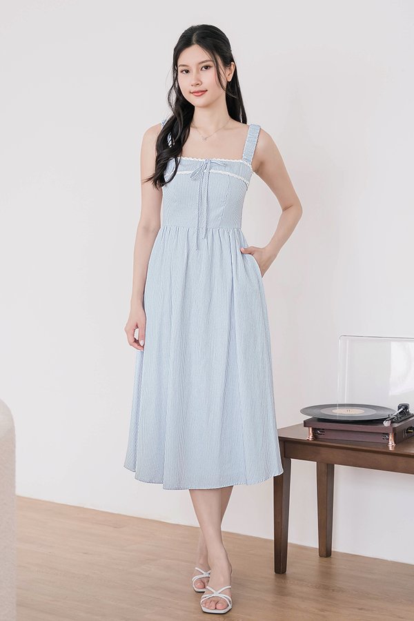 Scarlett Padded Ruched Strap Midi Dress (Light Blue Stripes)