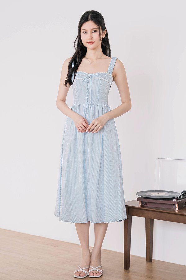 Scarlett Padded Ruched Strap Midi Dress (Light Blue Stripes)