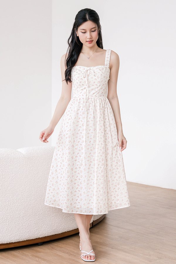 Scarlett Padded Ruched Strap Midi Dress (Rose Cottage)
