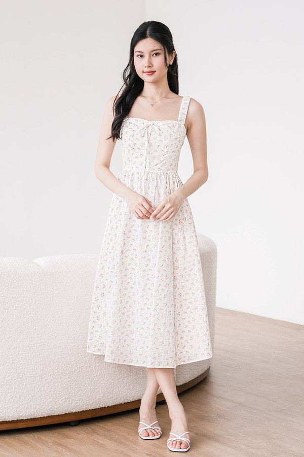 Scarlett Padded Ruched Strap Midi Dress (Rose Cottage)