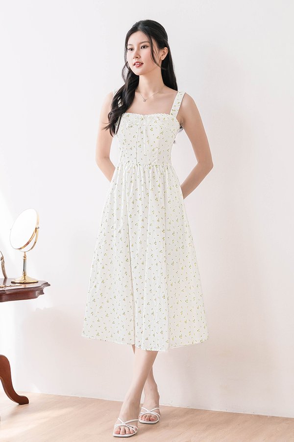 Scarlett Padded Ruched Strap Midi Dress (Marigold Garden)