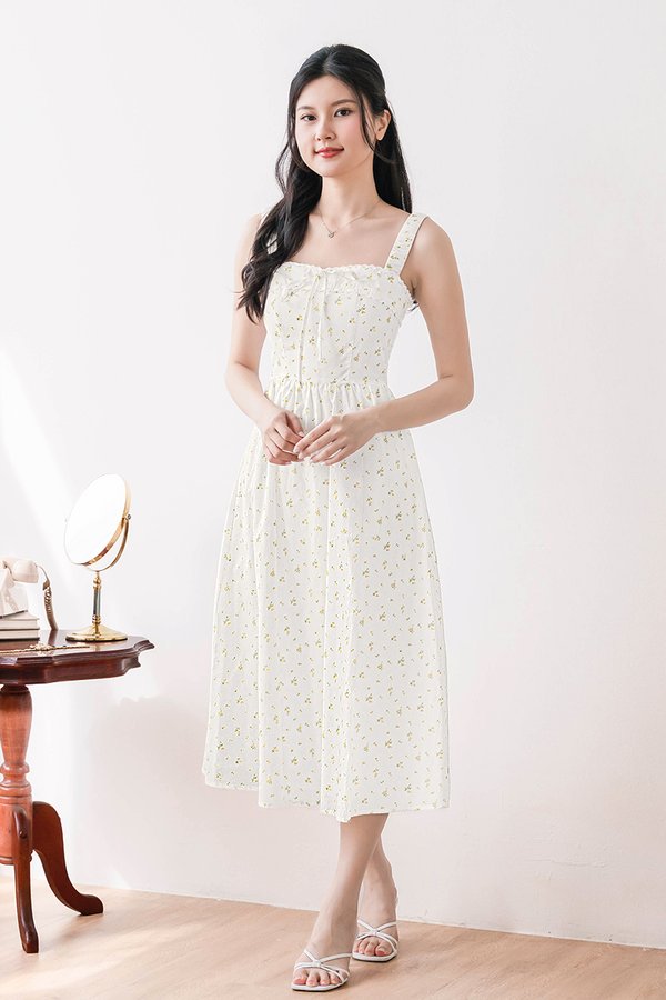Scarlett Padded Ruched Strap Midi Dress (Marigold Garden)