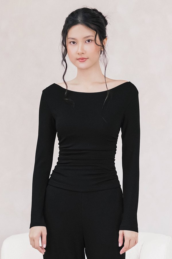 Alexis Padded Long Sleeve Ruched Top (Black)