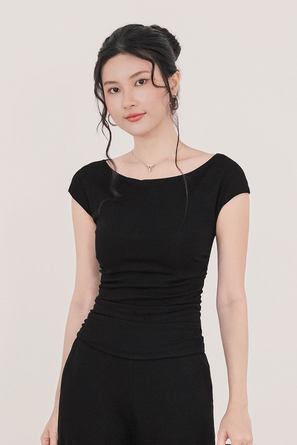 Ally Padded Boat Neck Ruched Top (Black)