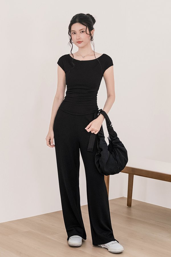 Ally Padded Boat Neck Ruched Top (Black)