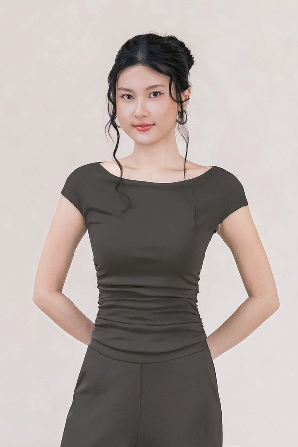 Ally Padded Boat Neck Ruched Top (Shadow)