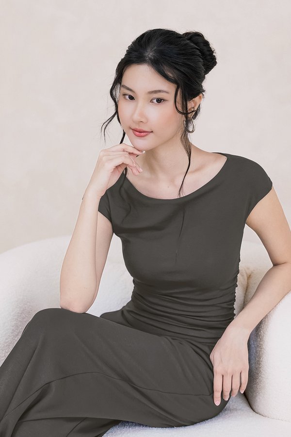 Ally Padded Boat Neck Ruched Top (Shadow)