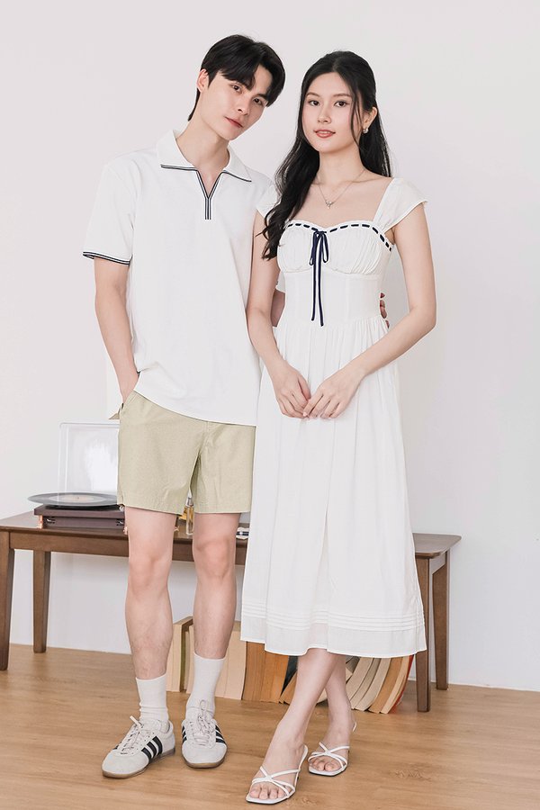 Carrie Padded Contrast Ribbon Midi Dress (White)