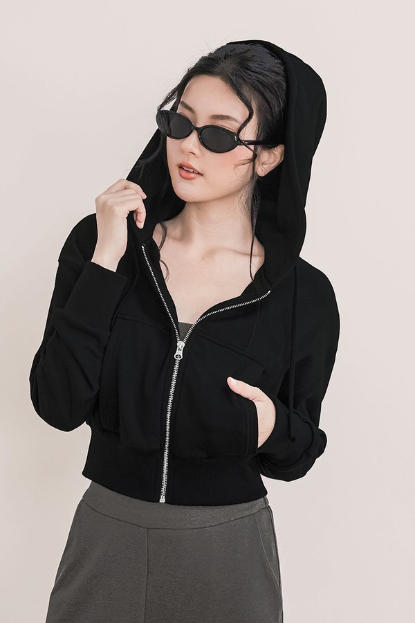 Carleen Cropped Zipper Hoodie (Black)