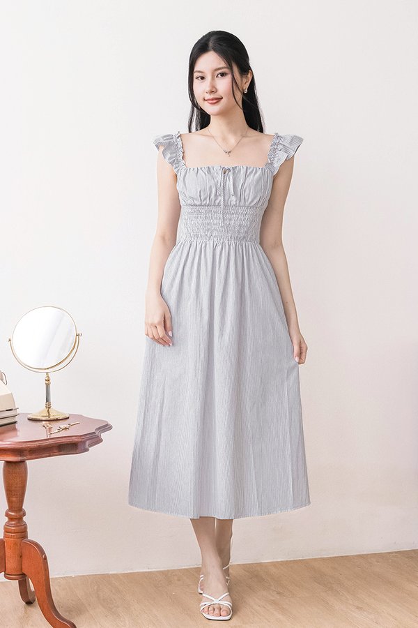 Joey Padded Ruffle Straps Smocked Midi Dress (Midnight Stripes)