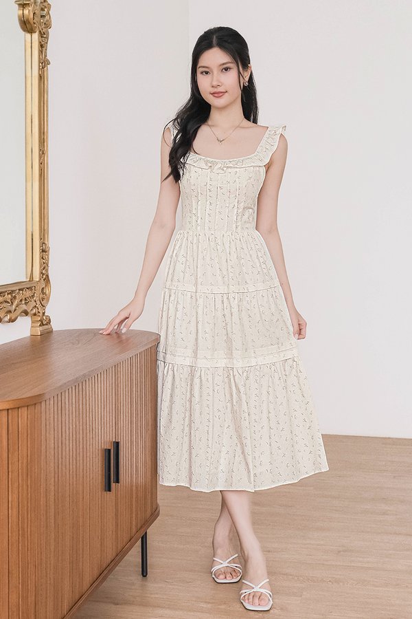 Kaelyn Padded Ruffle Straps Midi Dress (Cream Floral)