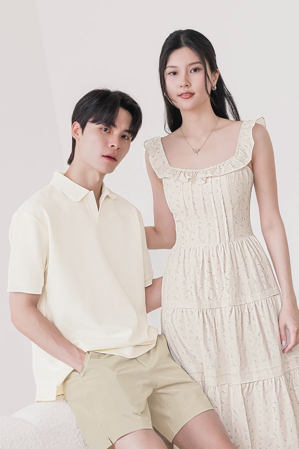 Kaelyn Padded Ruffle Straps Midi Dress (Cream Floral)