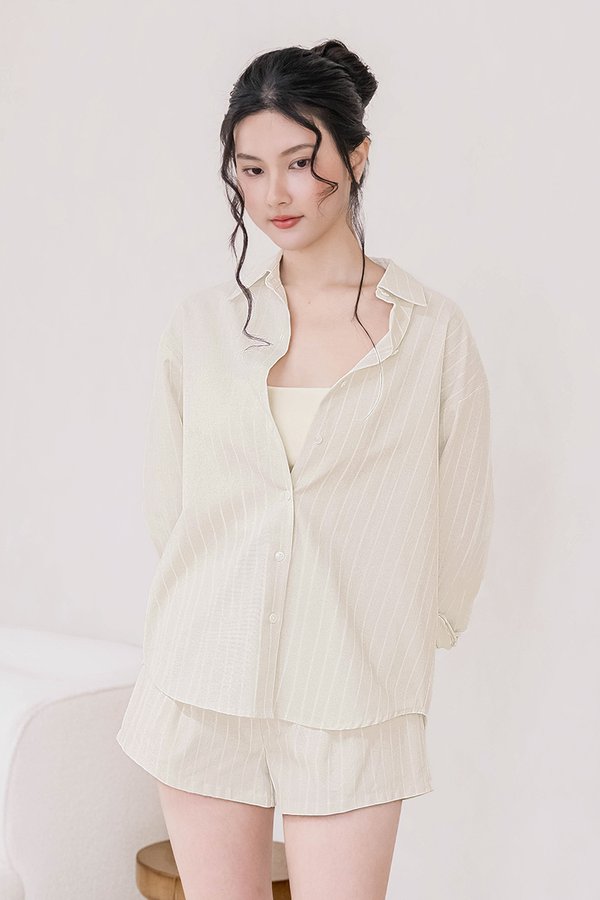 Nomi Button Oversize Stripe Shirt (Sand Beige)