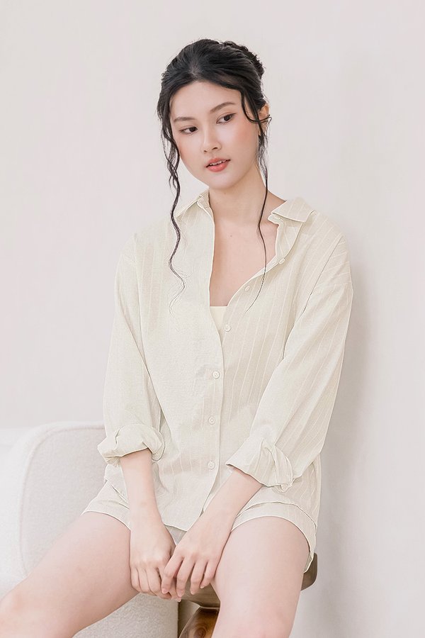 Nomi Button Oversize Stripe Shirt (Sand Beige)