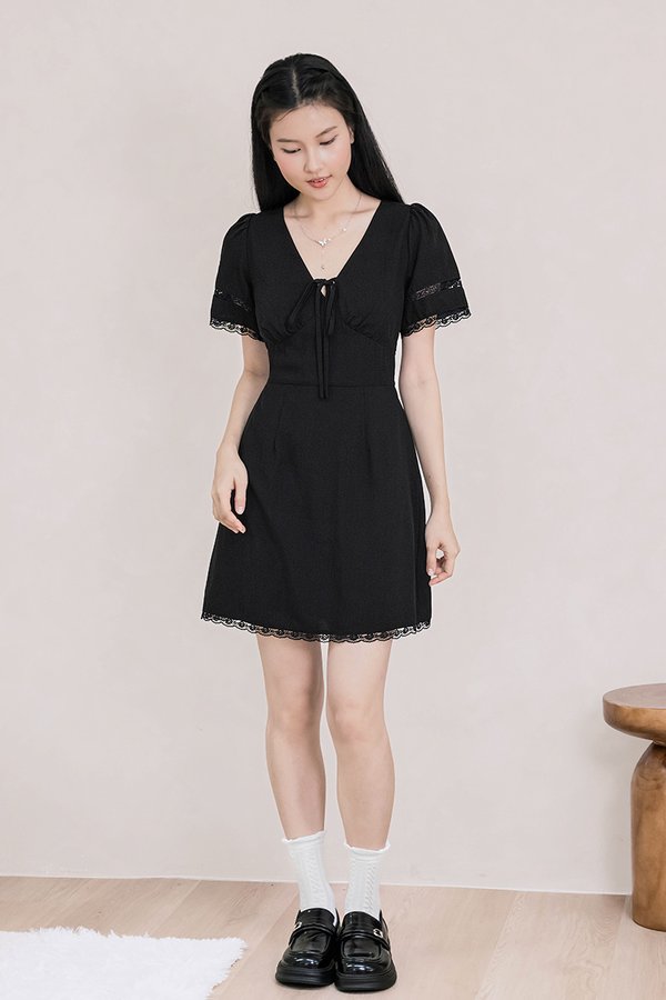 Chiara Lace Sleeve Tie-Ribbon Dress (Black)