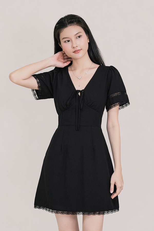 Chiara Lace Sleeve Tie-Ribbon Dress (Black)