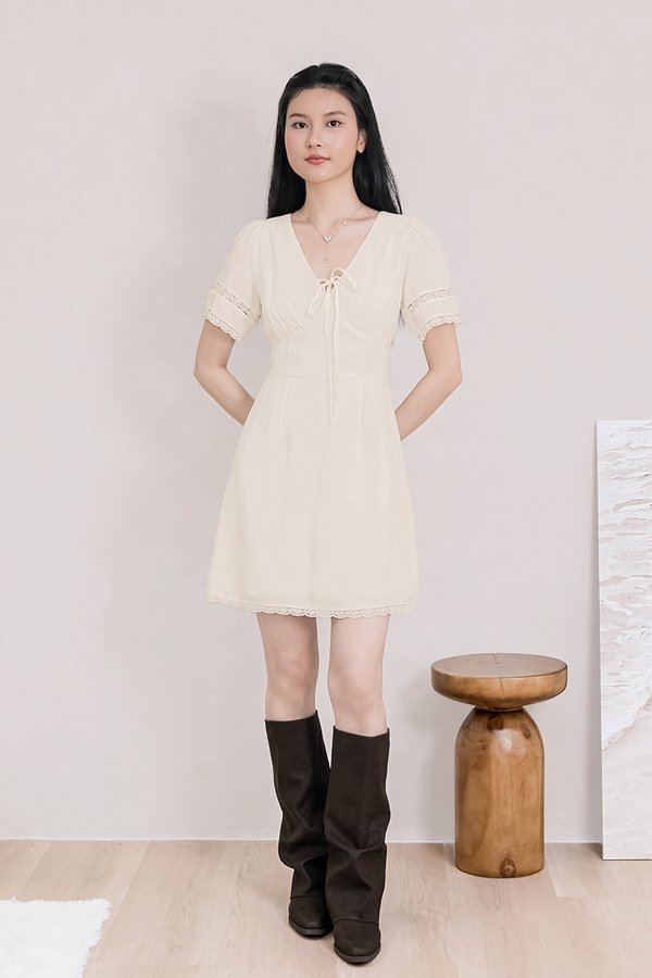 Chiara Lace Sleeve Tie-Ribbon Dress (Cream)