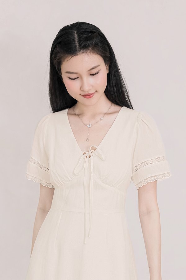 Chiara Lace Sleeve Tie-Ribbon Dress (Cream)