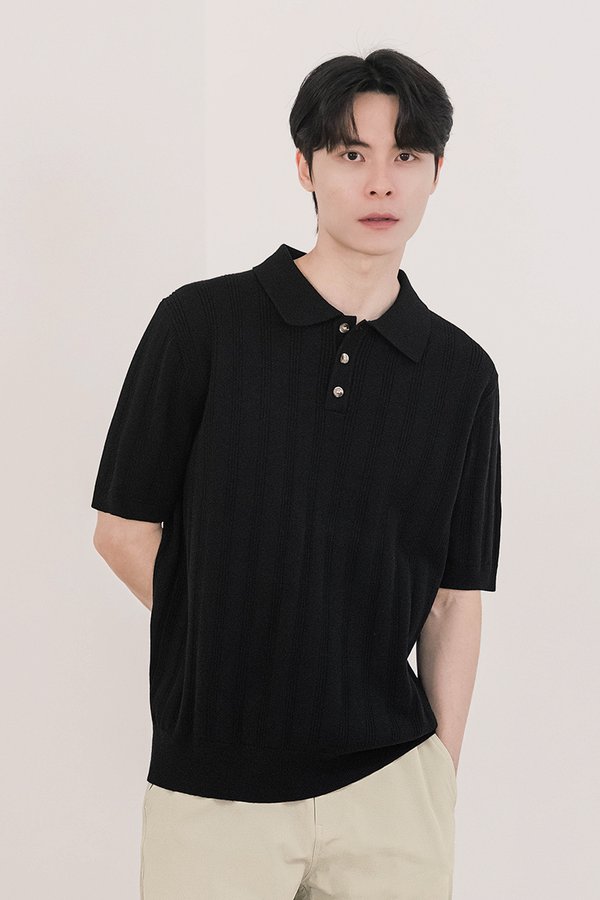 Chris Button Knit Polo Shirt (Black)
