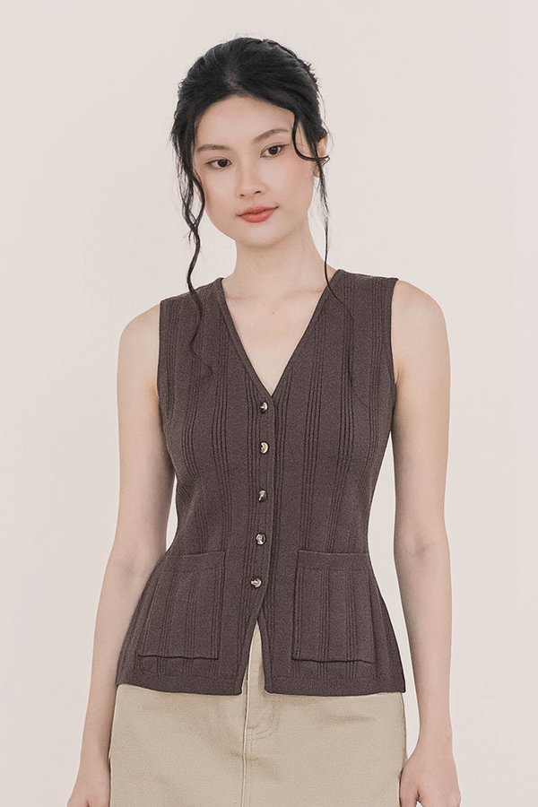 Chrisane Button Vest Knit Top (Dark Brown)