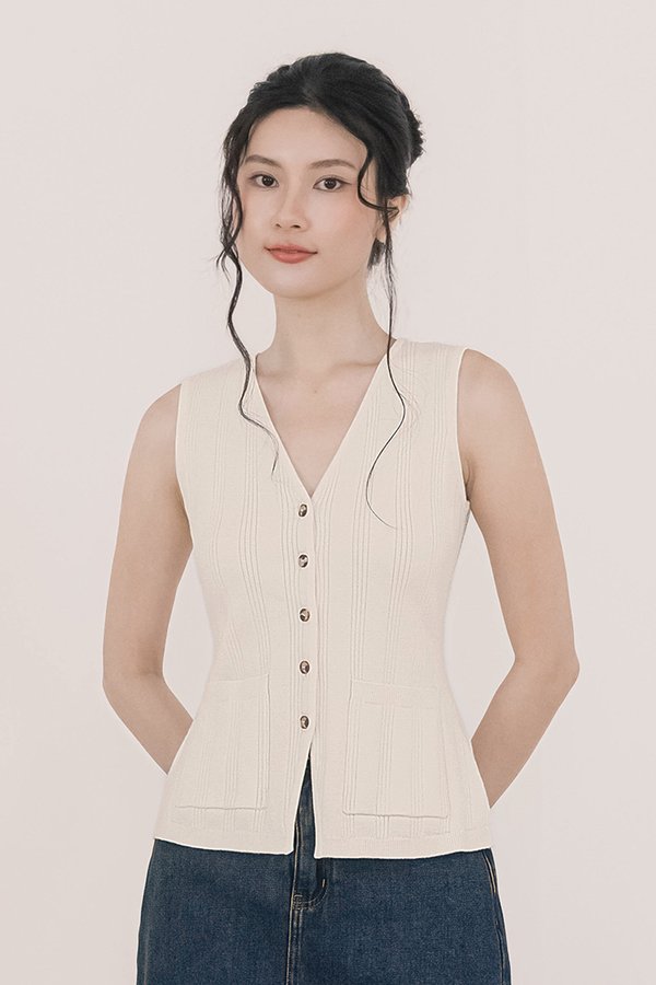 Chrisane Button Vest Knit Top (Off-White)