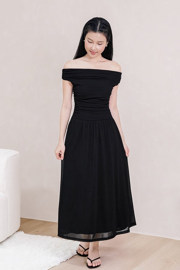 Colette Padded Ruched Off-Shoulder Mesh Midaxi Dress (Black)