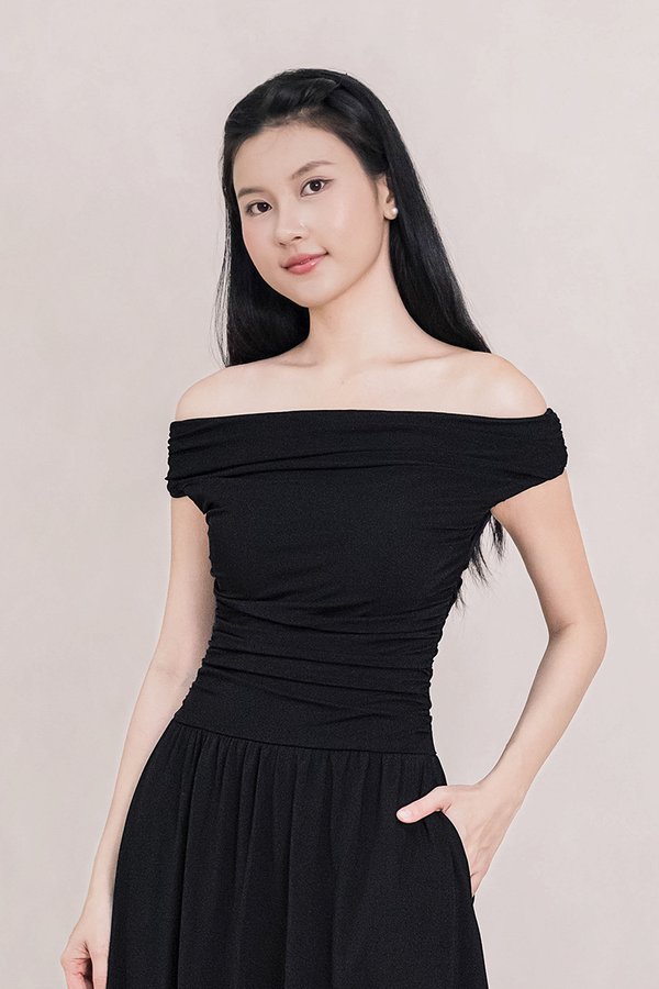 Colette Padded Ruched Off-Shoulder Mesh Midaxi Dress (Black)