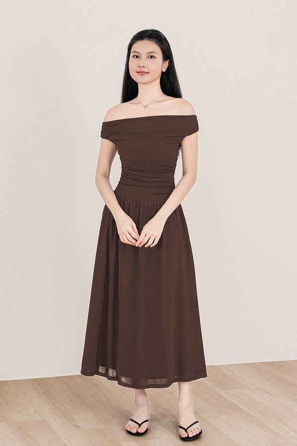 Colette Padded Ruched Off-Shoulder Mesh Midaxi Dress (Coffee)