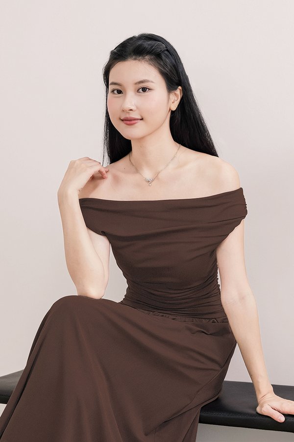 Colette Padded Ruched Off-Shoulder Mesh Midaxi Dress (Coffee)